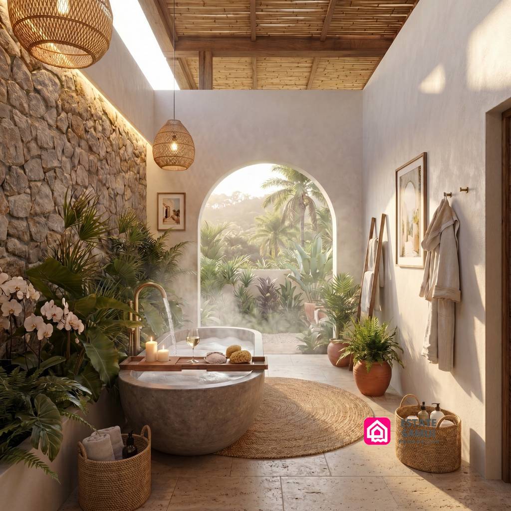 Contemporary bathroom with stone bathtub and arched garden window