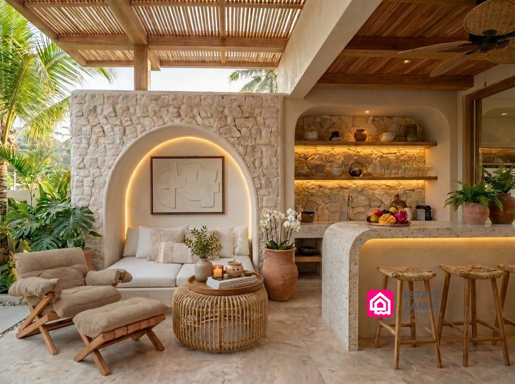 Covered poolside lounge with stone wall and kitchen bar