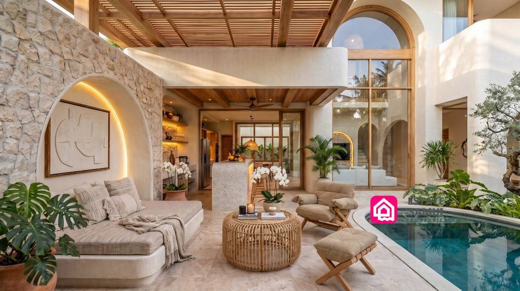 Sheltered outdoor lounge beside the private swimming pool
