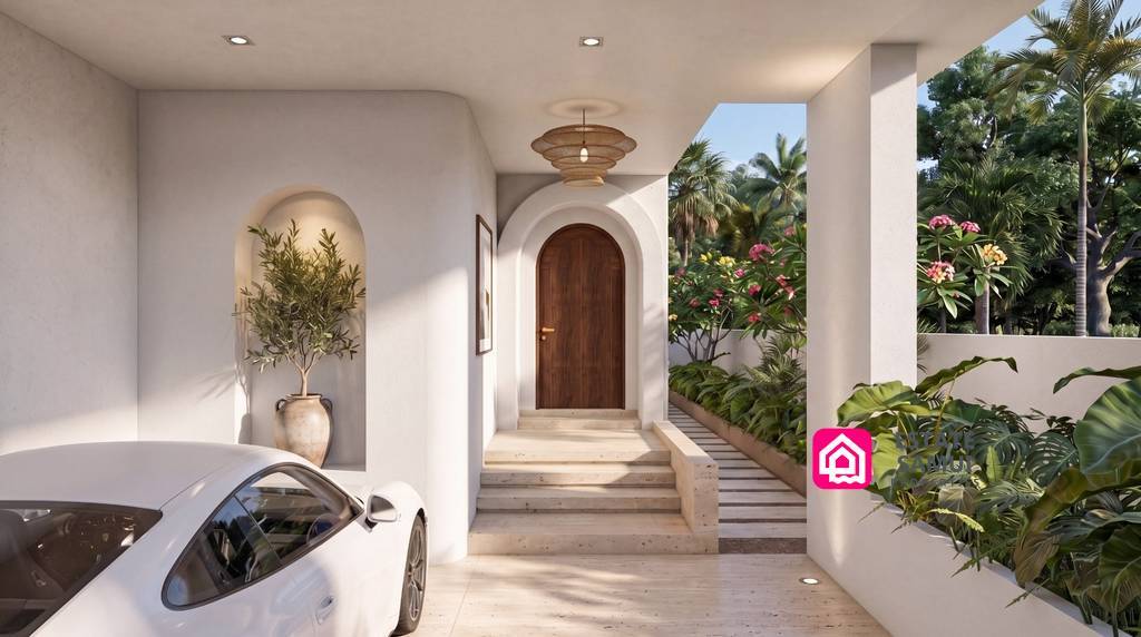 Landscaped villa entrance with covered private parking
