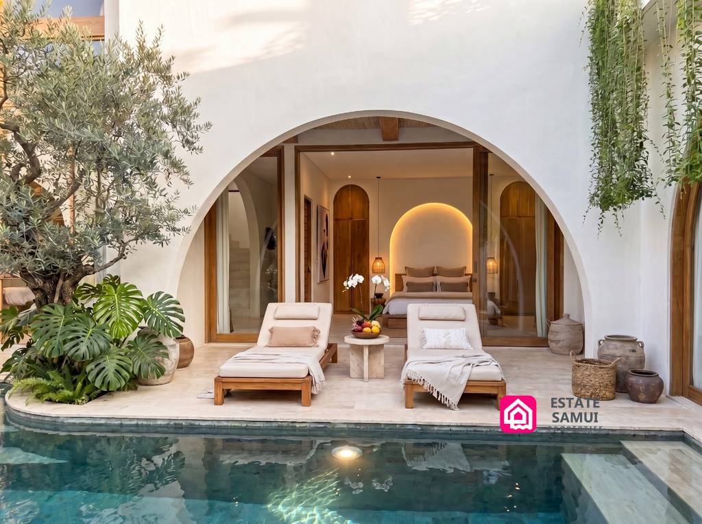 Pool terrace with loungers outside an arched bedroom entrance