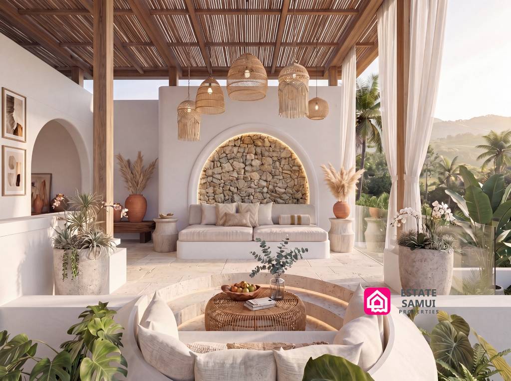 Covered outdoor living area with tropical hillside views