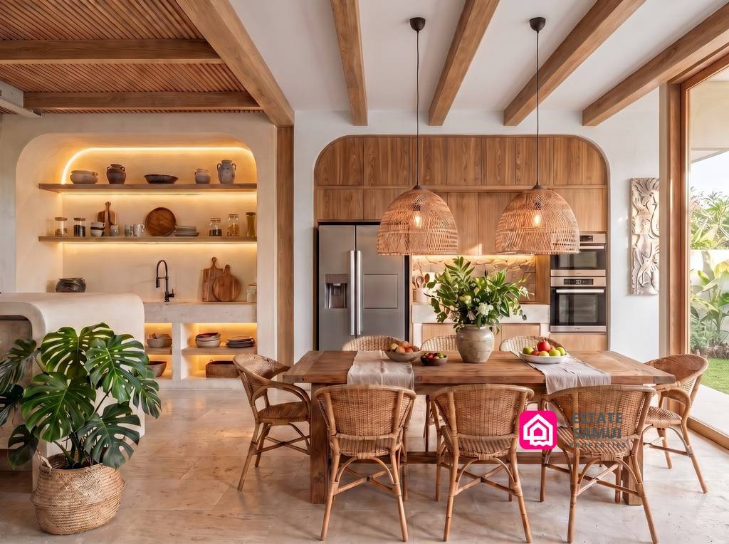Wooden kitchen and dining area with tropical garden outlook