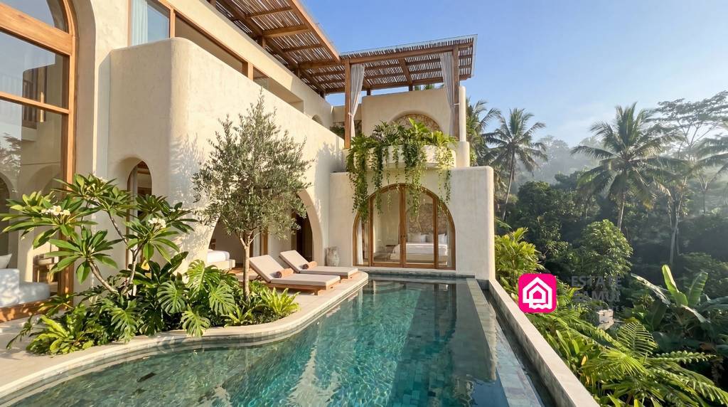 Private swimming pool beside an arched villa façade