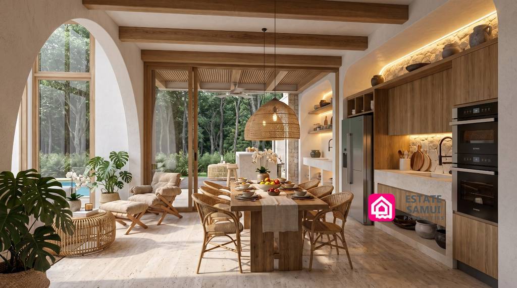 Open-plan dining area and fitted wooden kitchen