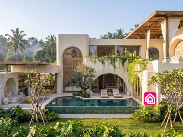 Modern tropical villa overlooking a private pool and garden