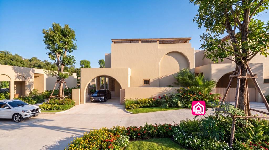 Arched villa exterior with private covered parking