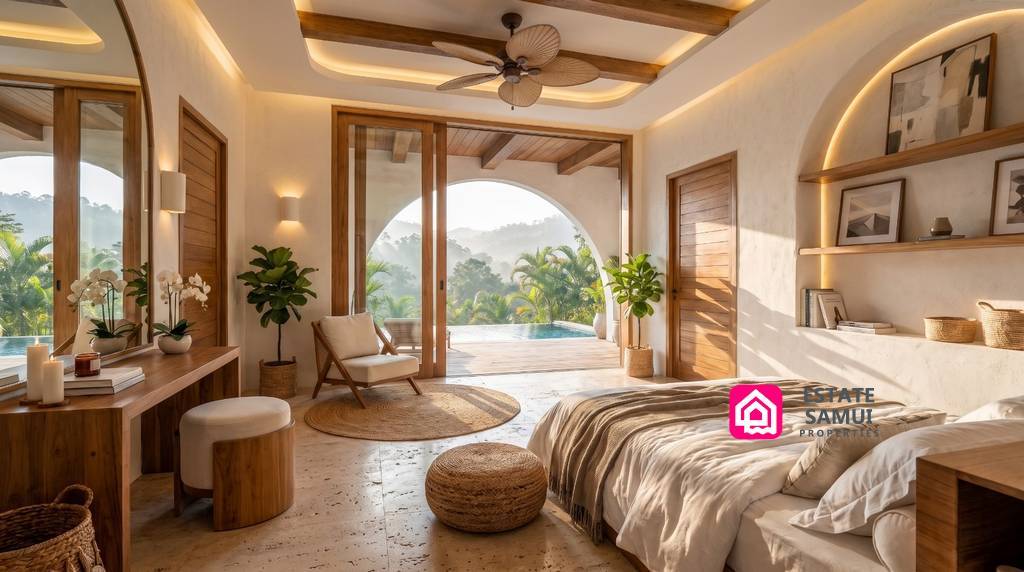 Bright bedroom with arched windows and tropical views