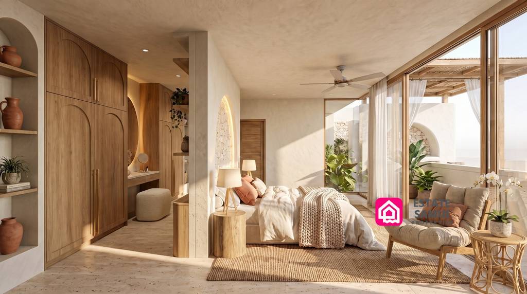 Bedroom opening towards a modern en-suite bathroom