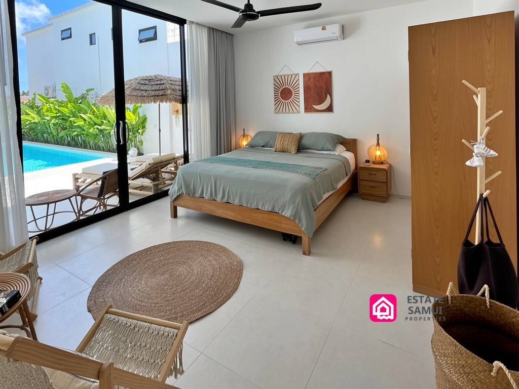 Poolside bedroom with sliding glass doors and seating
