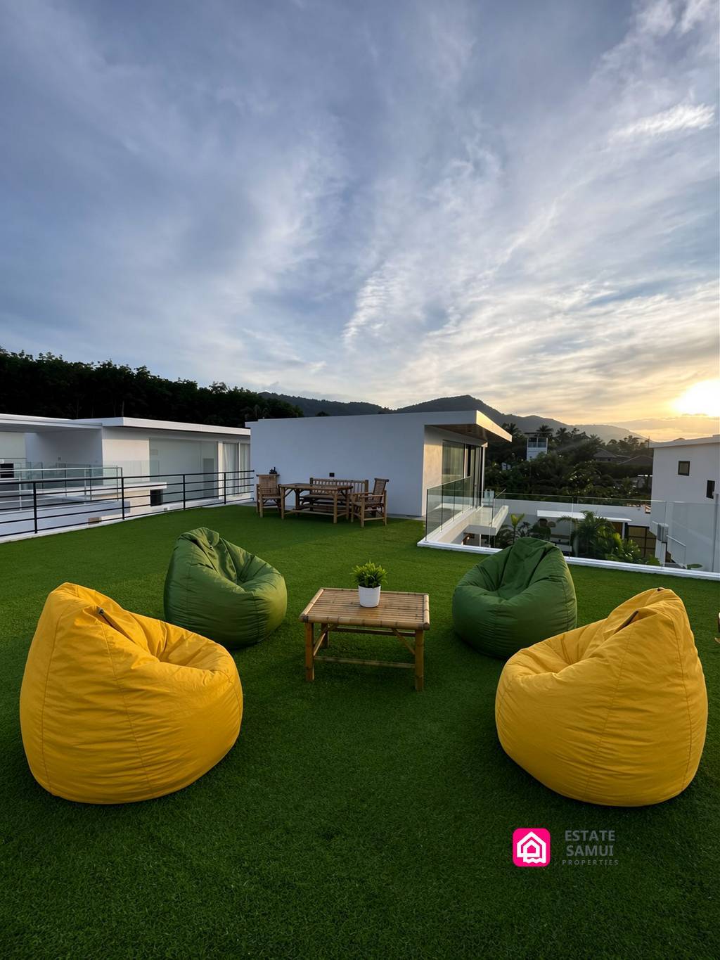 Roof terrace with outdoor seating and hillside views