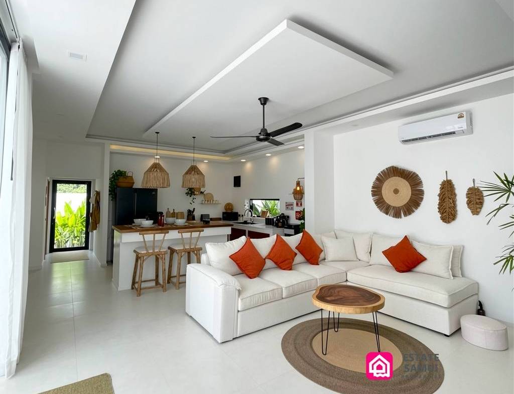 Open-plan living room with sofa and kitchen beyond