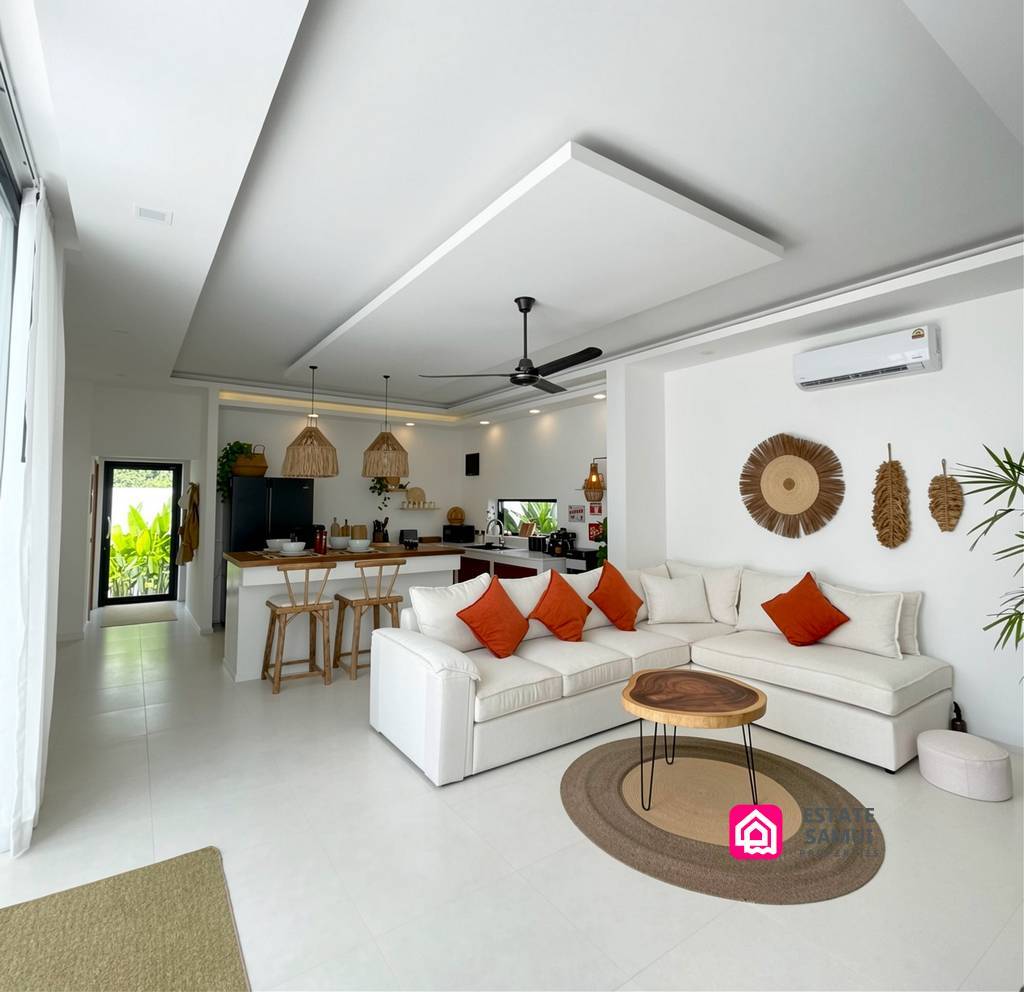 Open-plan living room with sofa and kitchen beyond