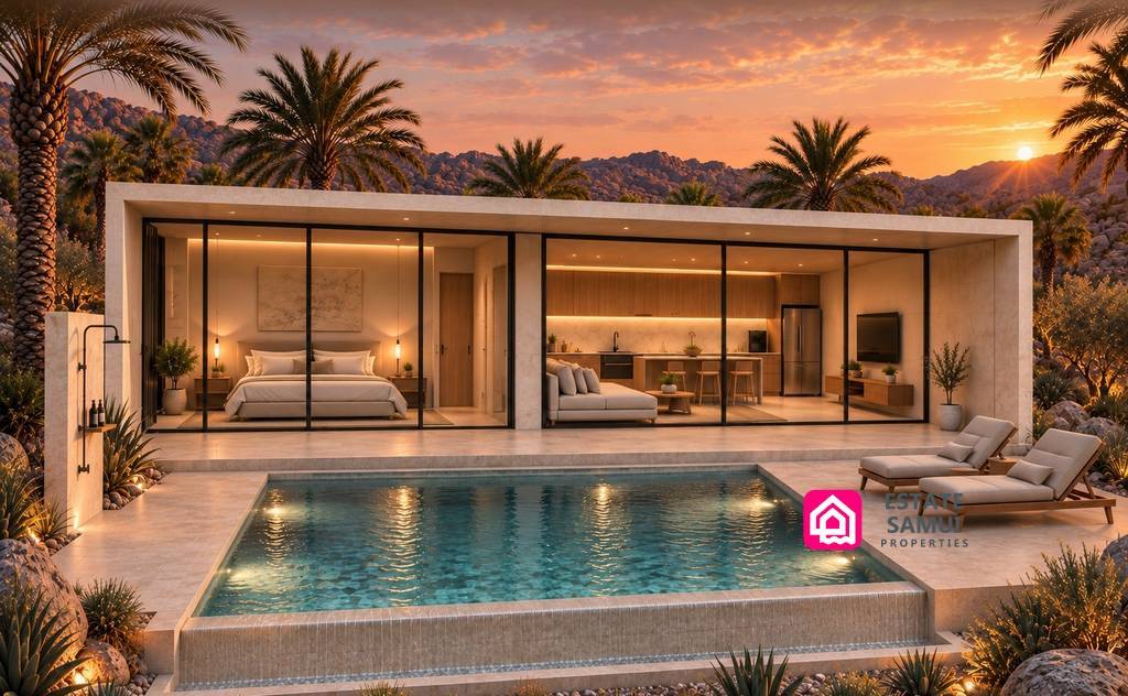 Kalifa pool villa with glass-fronted living space and swimming pool