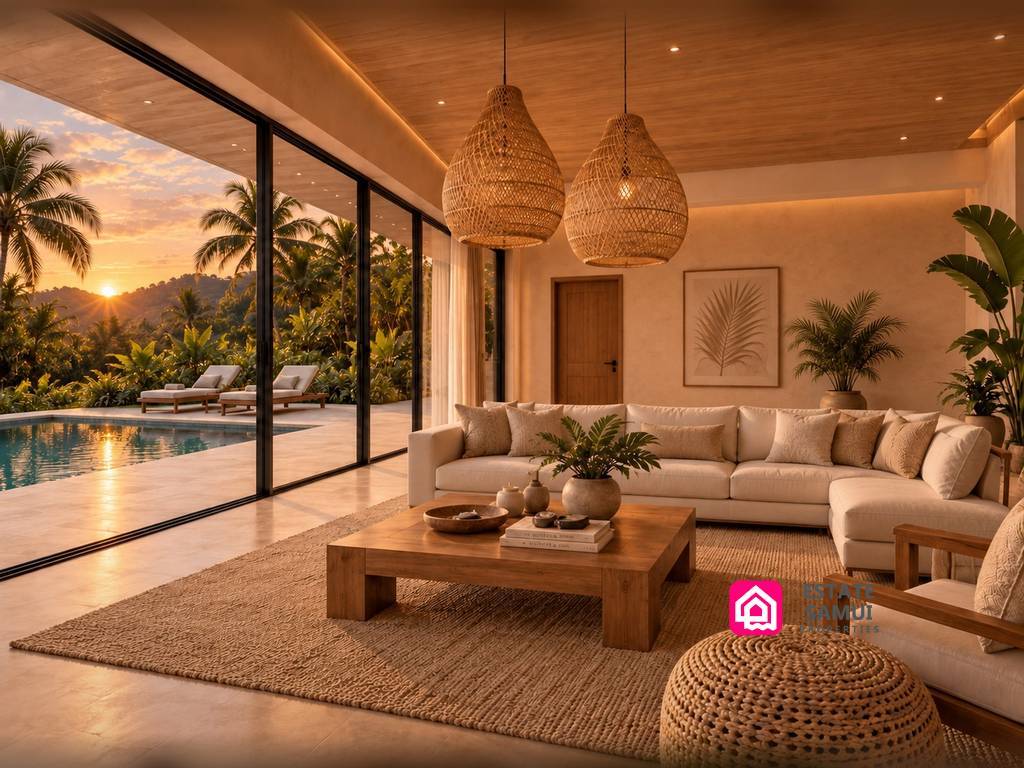 Open-plan lounge overlooking a private pool through large glass doors