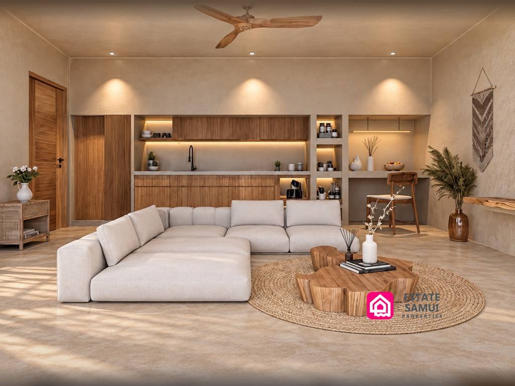 Open-plan living room and kitchen with natural wood finishes