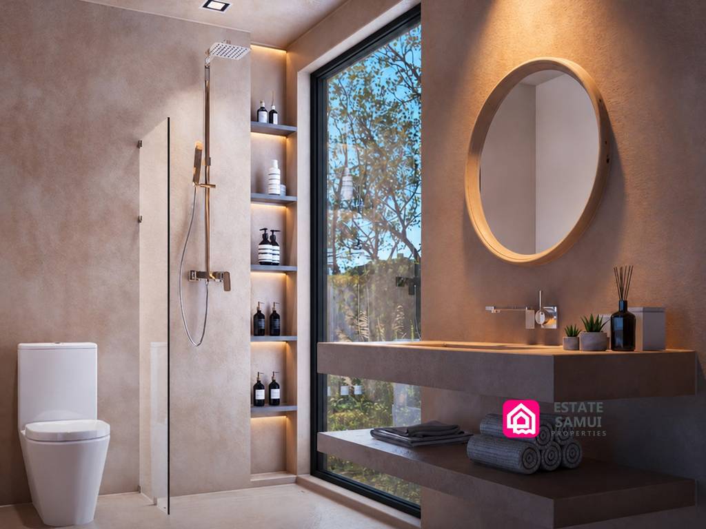 Contemporary bathroom with walk-in shower, round mirror and garden window