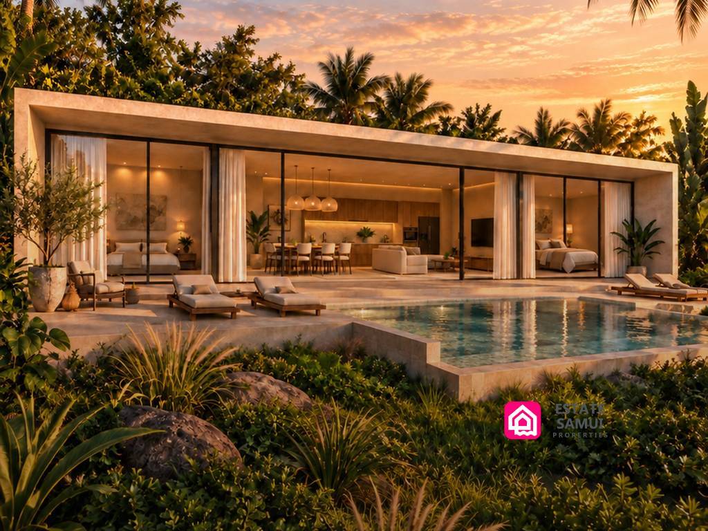 Glass-fronted Kalifa villa overlooking a private pool and tropical landscaping
