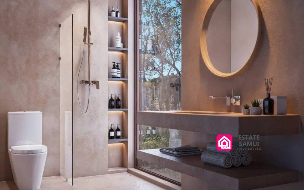 Neutral-toned bathroom with illuminated shelving and floating vanity