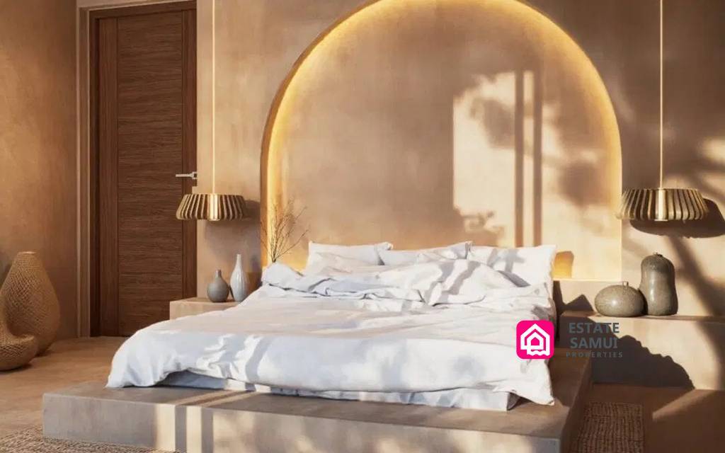 Bedroom with platform bed, arched feature wall and pendant lighting