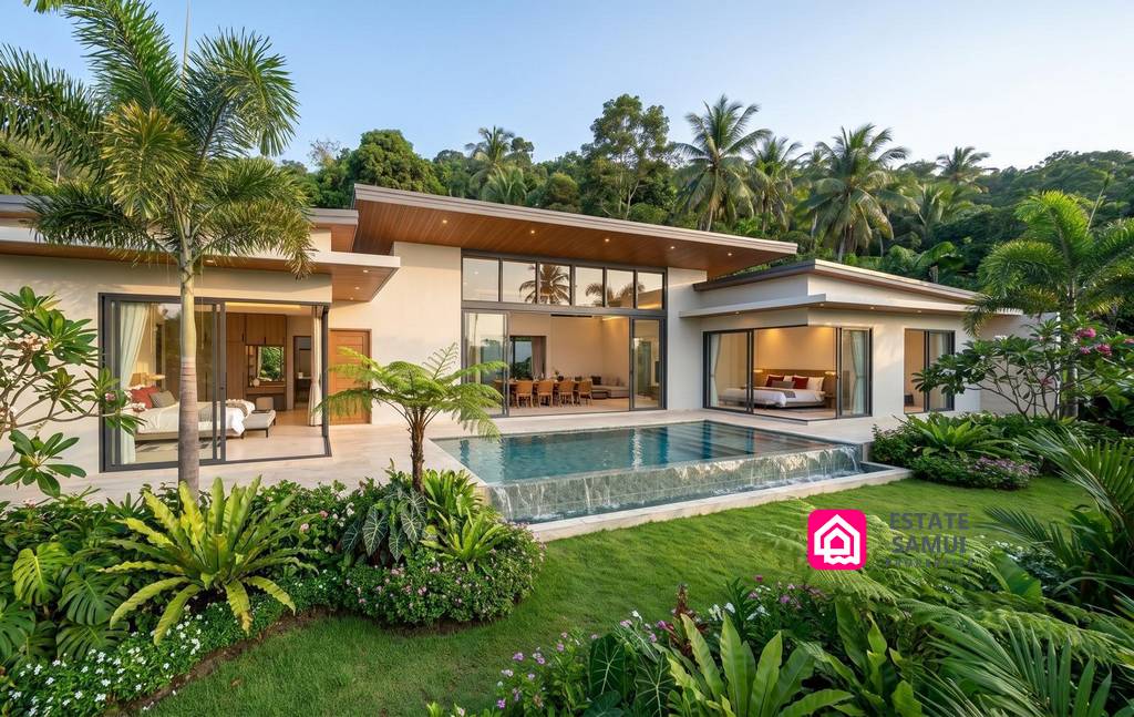 Single-storey villa exterior with private pool and landscaped garden