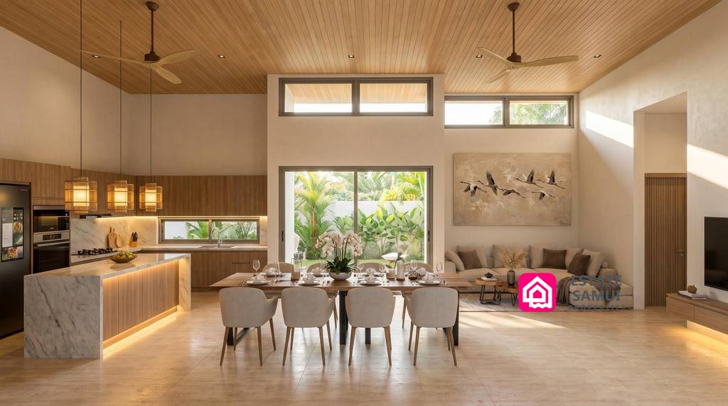 High-ceilinged kitchen, dining and living area with warm wood finishes