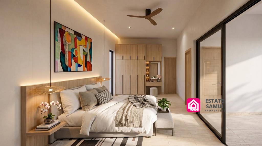 Contemporary bedroom with built-in wardrobes and poolside glass doors