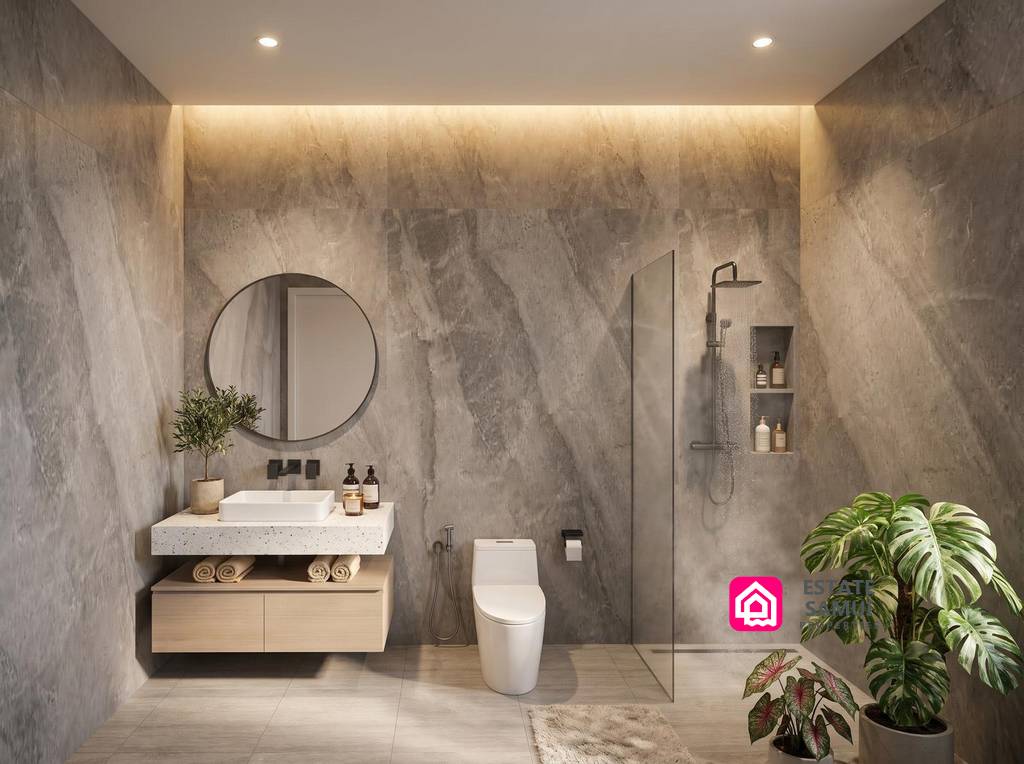Modern grey-tiled bathroom with walk-in shower and floating vanity