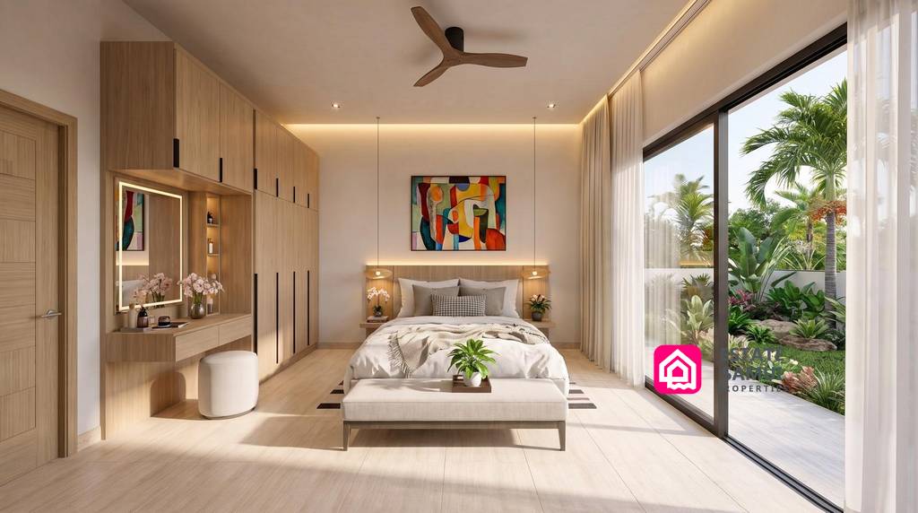 Garden-facing bedroom with built-in wardrobes and dressing table