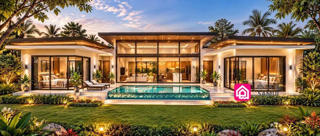 Modern Sawasdee Bophut 6 Villas are surrounded by tropical landscaping