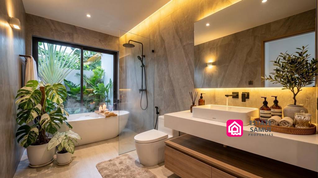 Contemporary bathroom with freestanding bath and garden-facing window