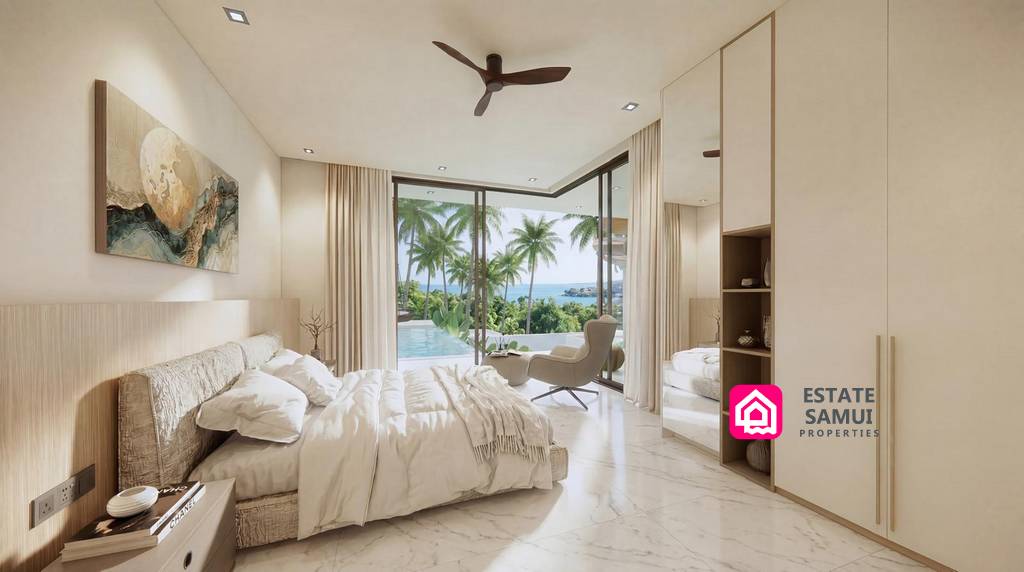 Sawasdee Plai Laem Villas bedroom with sea and palm views