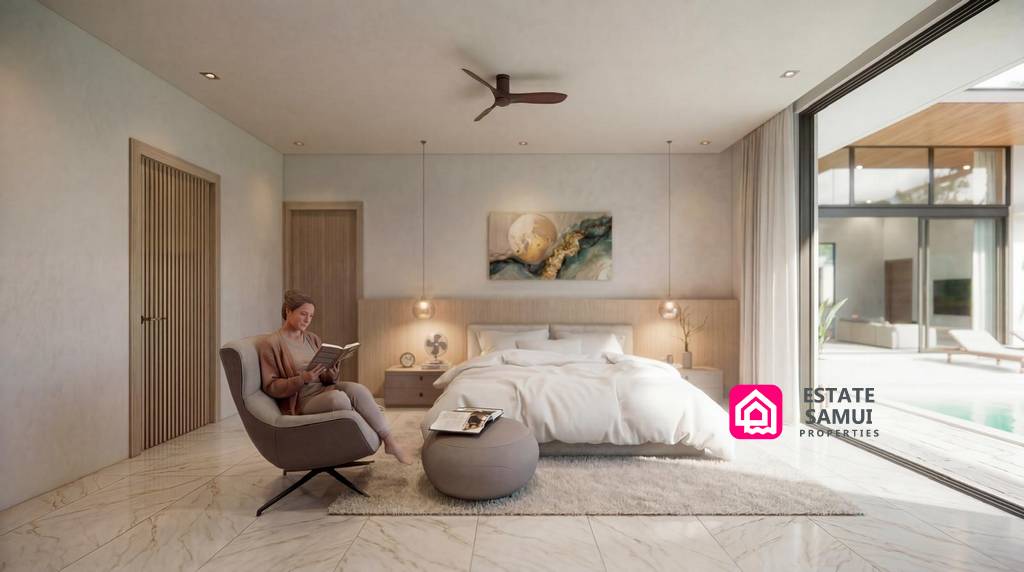Spacious bedroom with pool access and modern neutral interiors
