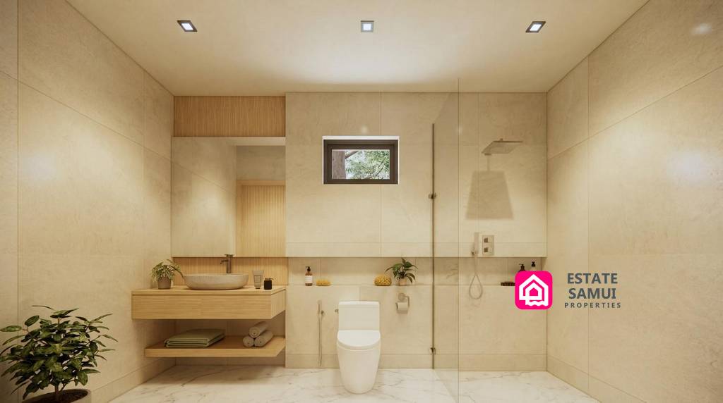 Walk-in shower bathroom with floating vanity and neutral finishes