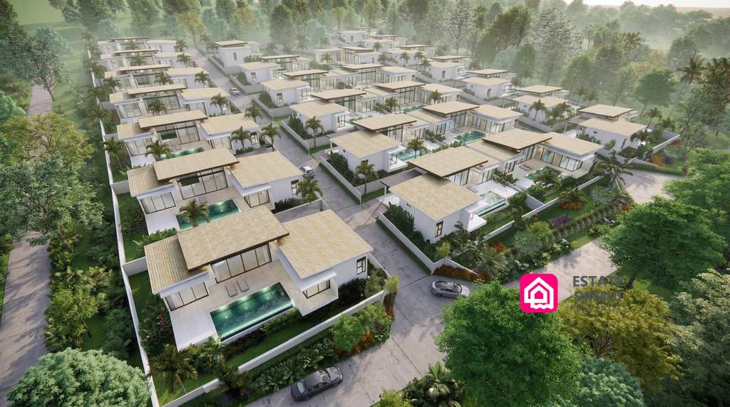 Elevated development view showing individual villas and private pools