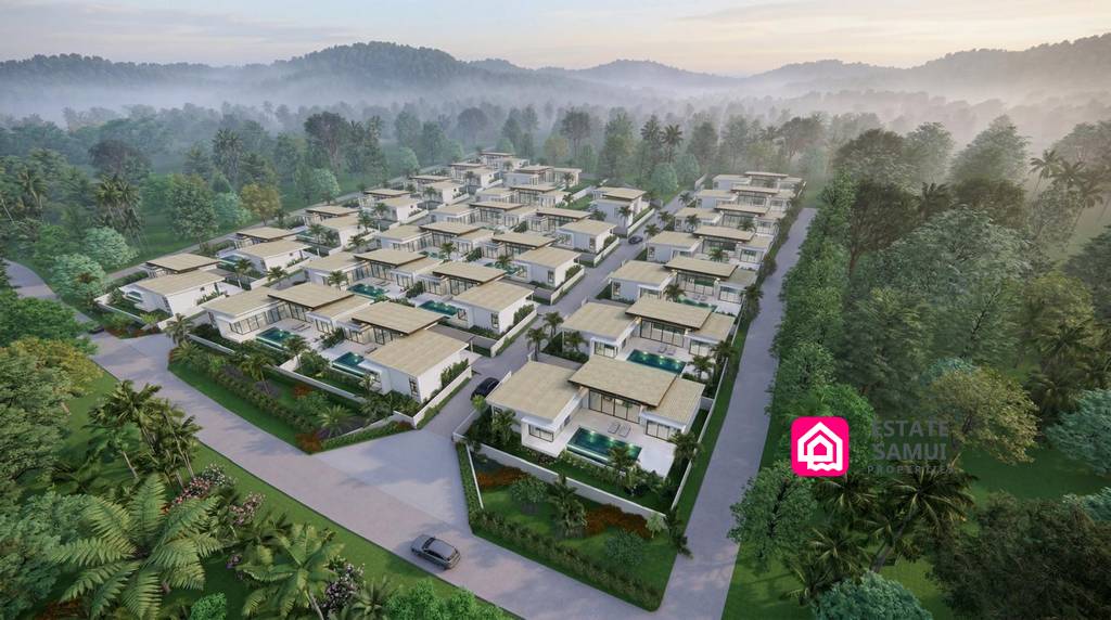 Wide aerial rendering of modern villas within tropical surroundings