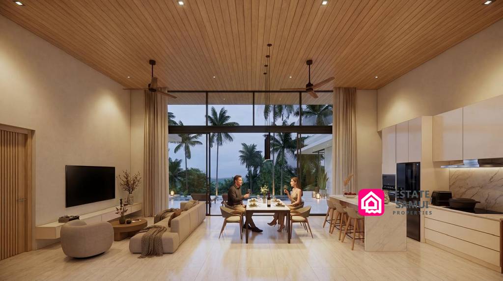 Open-plan living, dining and kitchen area with high timber ceiling