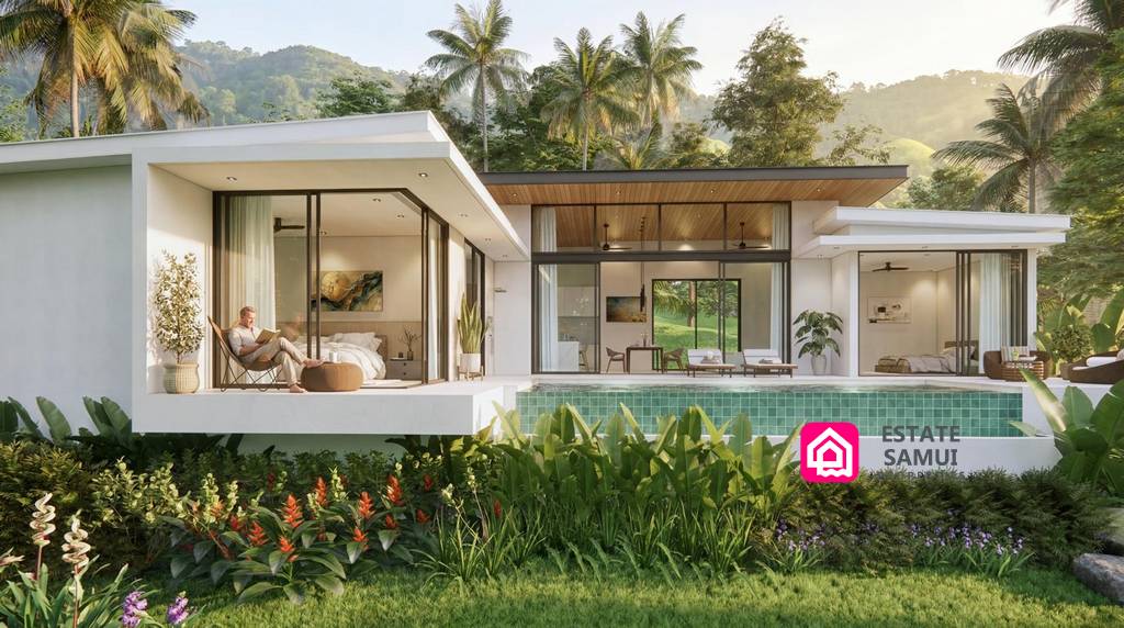 Contemporary pool villa surrounded by tropical gardens and palm trees