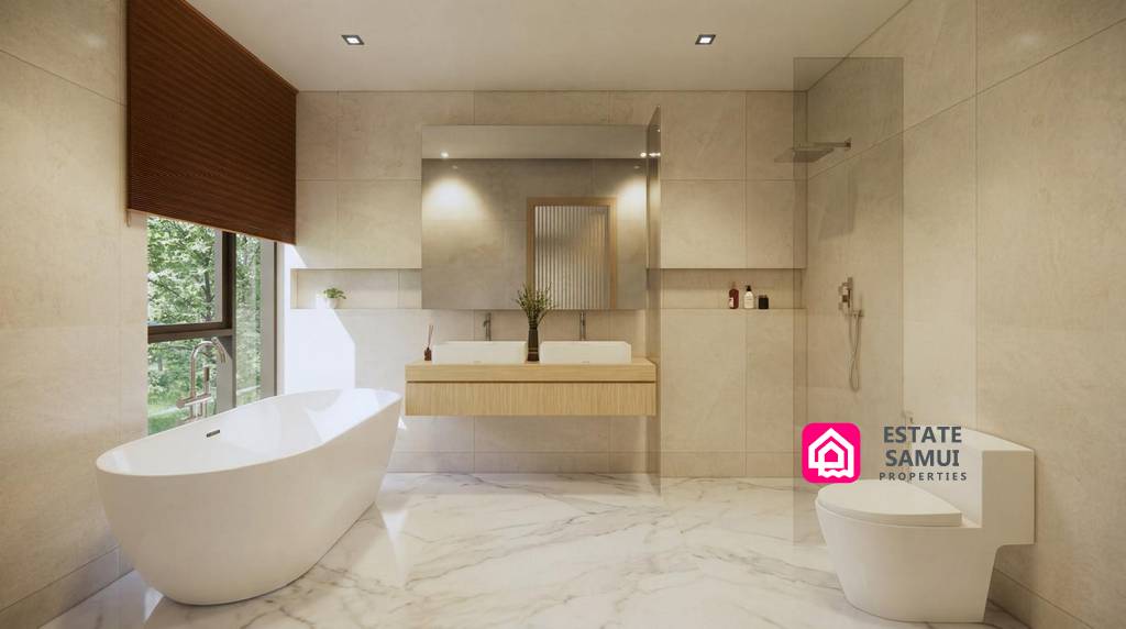 Modern bathroom with freestanding bath, twin basins and walk-in shower