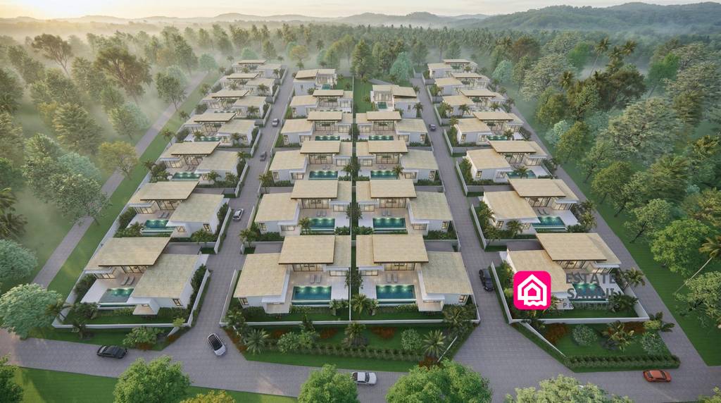 Aerial rendering showing the villa development layout and internal roads