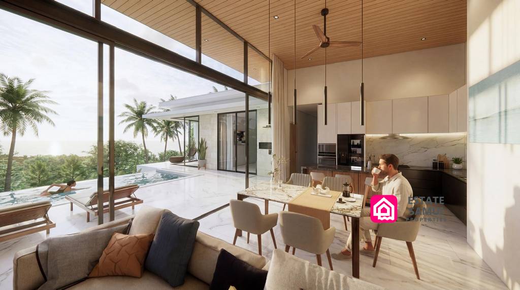 Open-plan kitchen and dining area overlooking the pool terrace