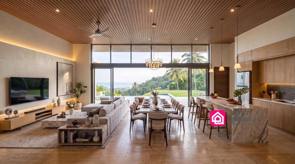 Open-plan living and dining area overlooking the pool and sea