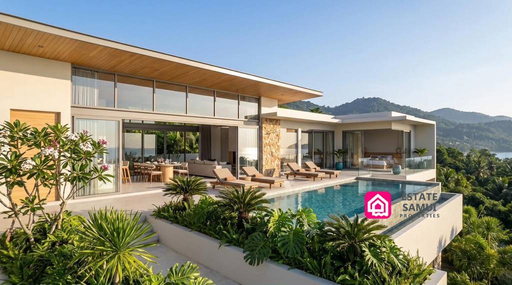 Modern villa exterior with pool terrace and hillside backdrop