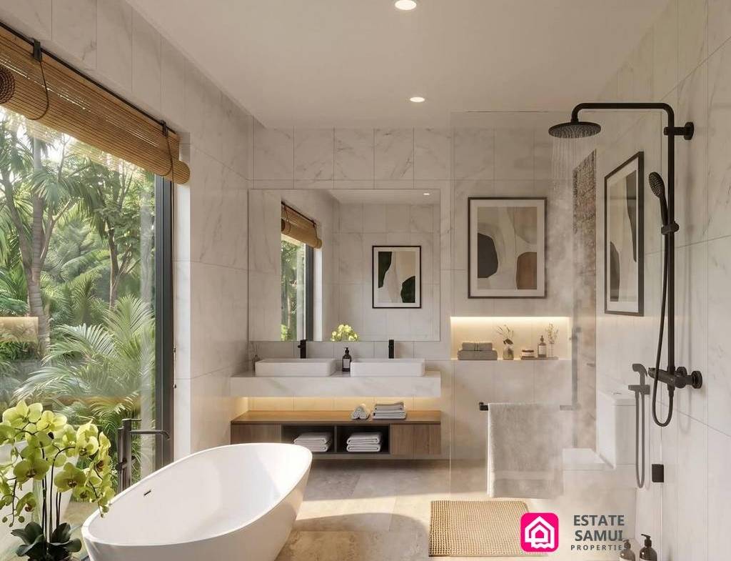 Bathroom with freestanding bath, twin basins and walk-in shower