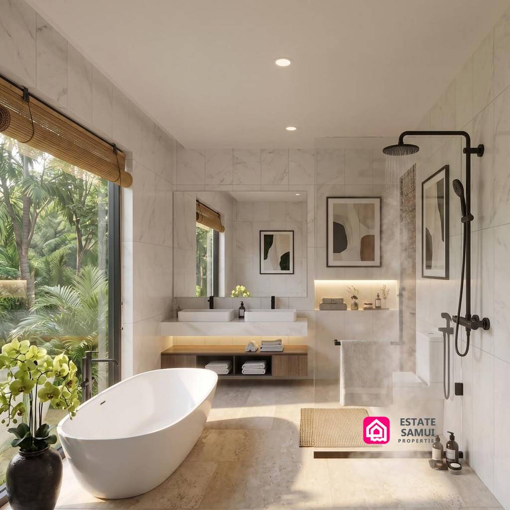 Bathroom with freestanding bath, twin basins and walk-in shower
