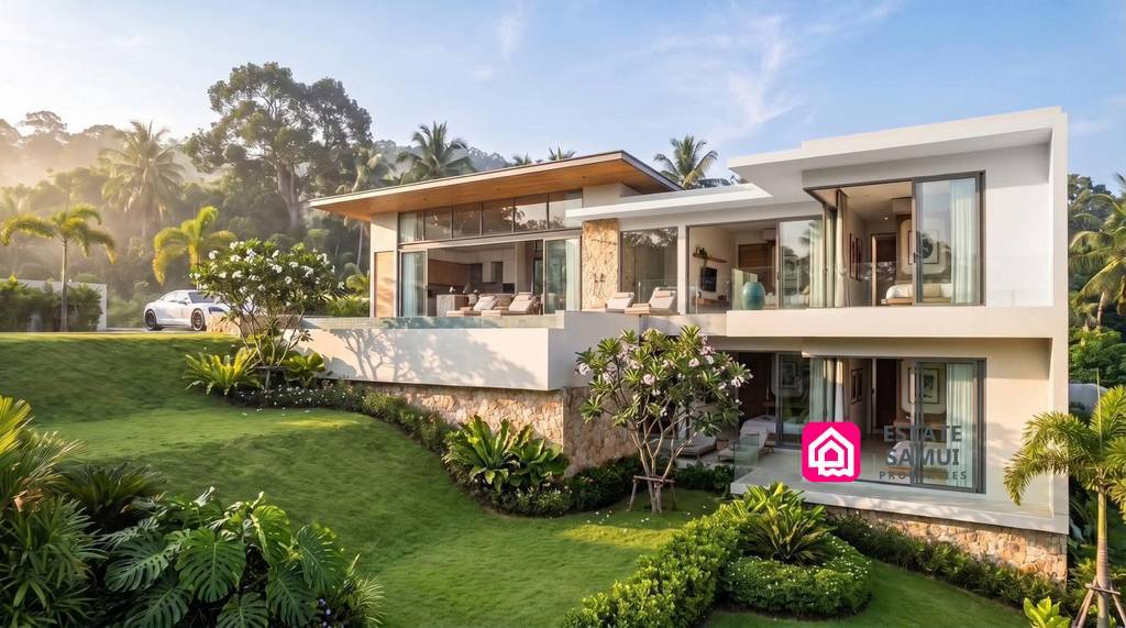 Villa exterior above a landscaped lawn and tropical planting