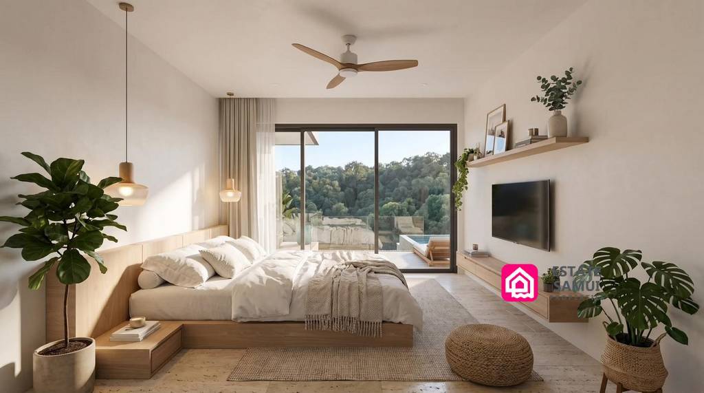 Bright bedroom with sliding doors facing a green hillside