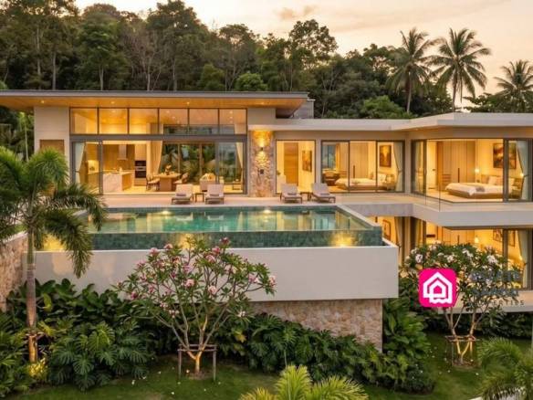 Modern sea view villa and pool at dusk