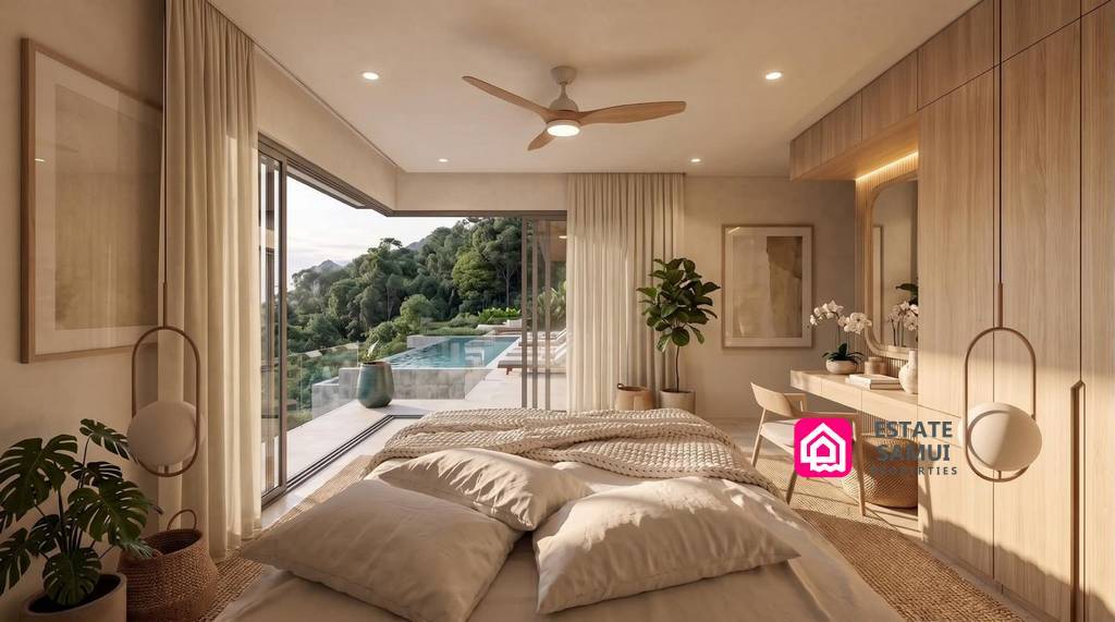 Bedroom with dressing table and glass doors facing the pool