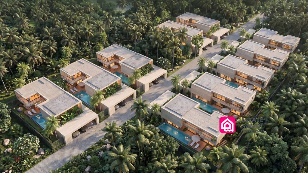 Aerial rendering of modern villas with private pools among palm trees